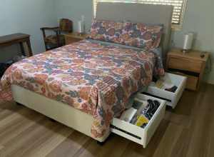 Queen Size Bed, with soft covered bed head and storage drawers