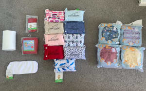 Reusable cloth nappies with night booster, laundry and wet bag, liners