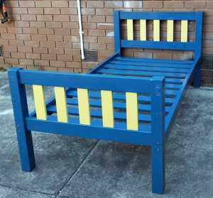 2 identical wooden single bed frames with mattresses, $300 for both