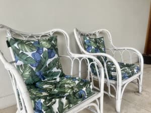 2 x white cane chairs with new cushions
