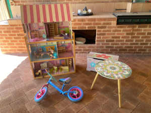 Large Lot of Kids, Childrens Toys (table, dolls house, balance bike)