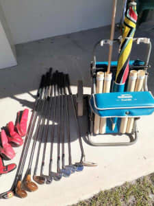 golf clubs,3woods,6irons,putter, pull along buggy,balls