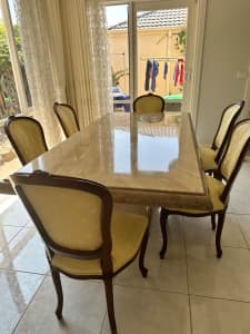 Marble dining table with chairs and console table