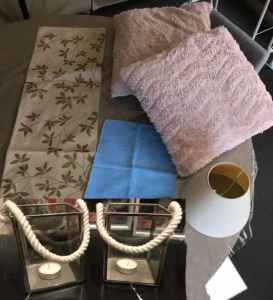 Table-runner, placemat, lamp shade, two decorative pillows, lanterns