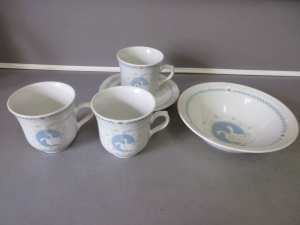 VINTAGE THAILAND MOONLIGHT STONEWARE COUNTRY GEESE CUPS & BOWL $15 LOT