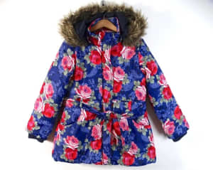 Monsoon Girls Navy Red Vintage Floral Winter Coat Age 9-10 Size 10