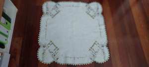 Vintage linen tablecloth with delicate hand embroidery. 88cms square. 