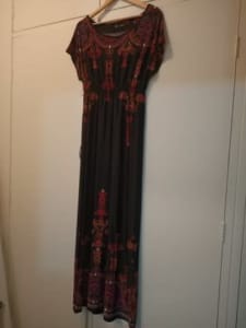 Maxi dress - black with colourful pattern Sz S (generous cut)