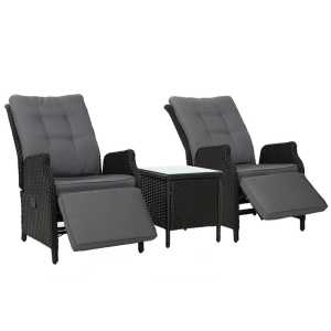 Gardeon 3PC Recliner Chairs Table Sun lounge Outdoor Furniture Wicker