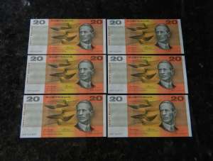 6 x 1976 Knight/Wheeler $20 AUNC Consecutive Australian Bank Notes