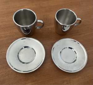 2 AVANTI STAINLESS COFFEE CUPS & SAUCERS 