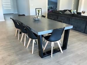 2.1m polished concrete with steel base dining table, 6 to 8 seater
