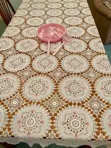Gorgeous 70s Large Crochet & Cotton inset tablecloth with embroidere