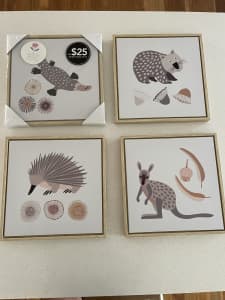 Beautiful square Australian animal theme prints in timber frame…NEW