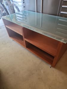Tv unit teak, two shelves, frosted glass top