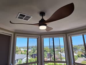 Black Ceiling fan & light w Timber look blades, remote control