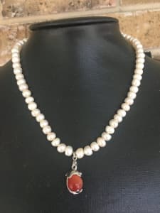 Pearl Beads Ribbon Choker BD28 - Red One Size