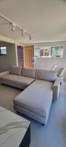 Brand New King Living 3 Seater Sofa with Chaise and Single Armchair
