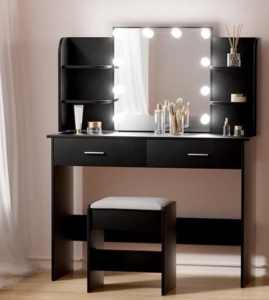 Black dressing table with led lights and stool.