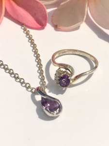 SALE 9K solid gold Amethyst pendant, S/S Amethyst cluster ring & chain