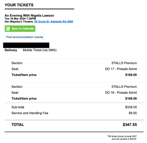An Evening With Nigella Lawson - 2 tickets x $175 (Adelaide)