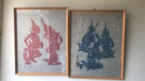 Framed & matted vintage Thai temple charcoal rubbing on rice paper 