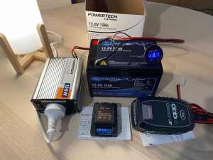 Lithium battery, voltmeter, charger, inverter & solar controller