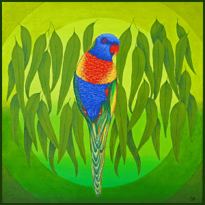 Painting on canvas of a rainbow lorikeet bird - by Cliff Howard