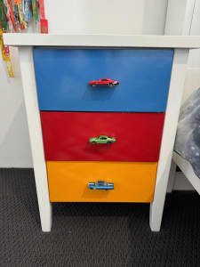 Custom kids 3 drawer bedside table with matchbox cars for handles