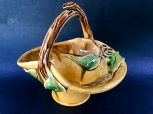Vintage Australian Pottery Florenz Large Gumnut Gumleaf Basket Vase
