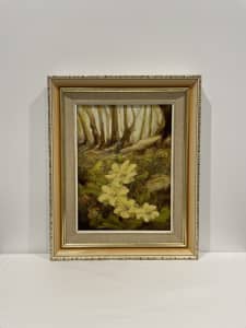 Oil Painting by E.Wells - Yellow Flowers in Forest Landscape