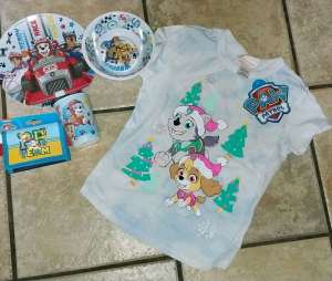 Brand new Paw Patrol tee size 5, bowl, plate, cup and wallet 