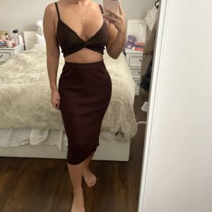 Brown knit ribbed midi skirt and crop top set size M