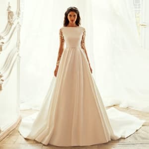 Full Lace Sleeve, Satin with Sheer Lace Back A-Line Wedding Dress
