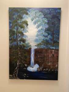 oil painting of rainforest scene with waterfall
