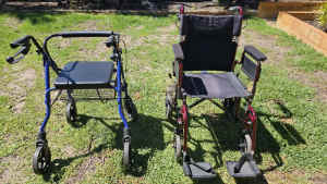 $100 Deluxe Rollator Blue and Wheel Chair Red