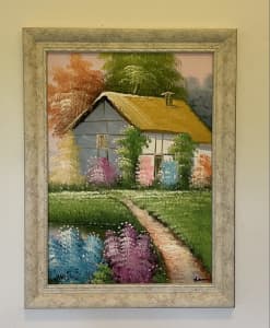 Small Oil Painting - Cottage Garden Flowers signed 37cm x 49cm