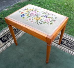 Antique Maple Stool Turned Legs With Tapestry Seat Cover