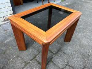 Lovely rectangular vintage timber framed coffee table with glass top