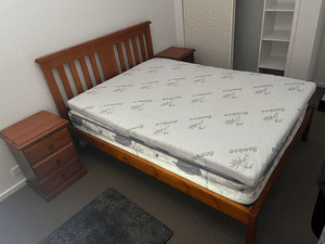 Solid Timber Double bed with 2 side table, mattress and memory foam to