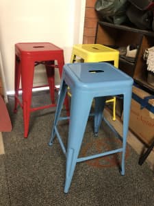 3 Steel bar / breakfast counter stools - yellow, blue and red