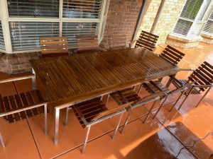Timber and aluminium table and 10 chairs