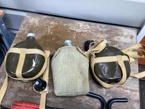 Military water bottles x 3 and vintage unissued British army gators