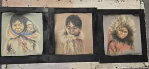 Gorgeous set of 3 vintage artworks - Inuit children 