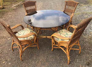 Vintage outdoor setting Garry Masters Rattan Glass Table & 4 Chairs
