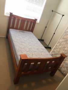 King Single Pine Bed, Mattress, Protector and Various Linens - PENDING