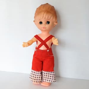 Vintage Unique Cute Doll Vinyl Head & Hair Sleepy Eyes Red Overalls