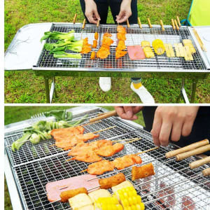 2X Skewers Grill with Side Tray Portable Stainless Steel Charcoal BBQ