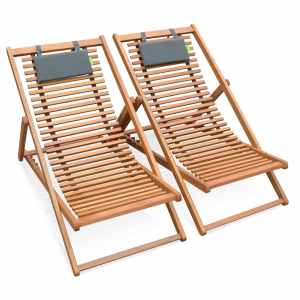 Set of 2 Slatted Wood Deck Chair