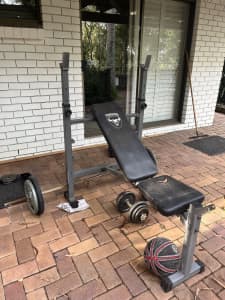 Weights and bench (w/ squat rack)